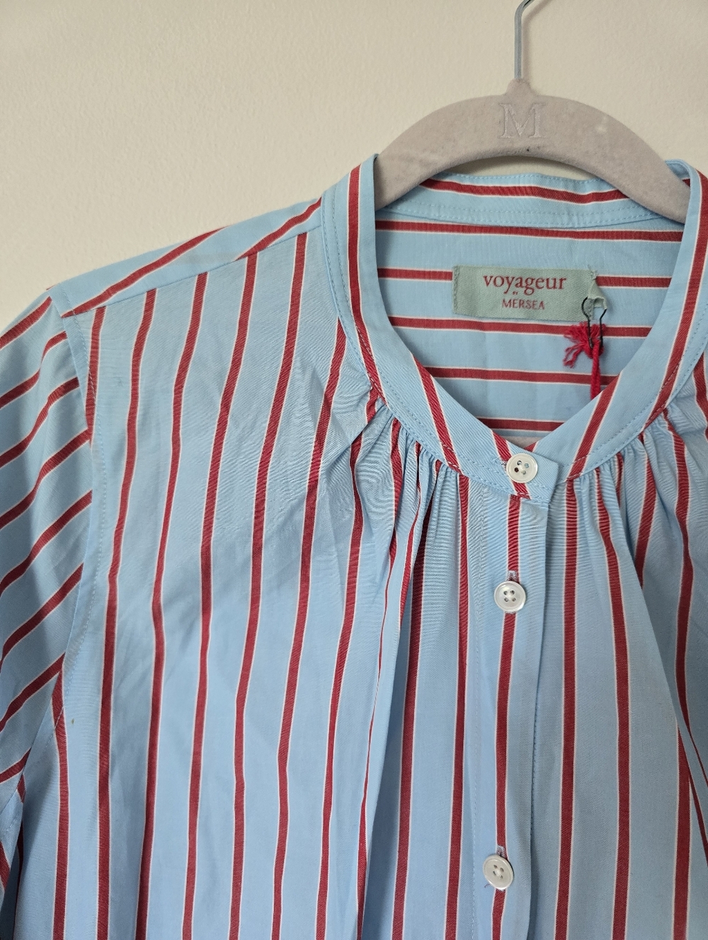 New Voyageur By Mersea Womens Top Size Medium Cotton Blue Red Striped Blouse - Picture 3 of 10
